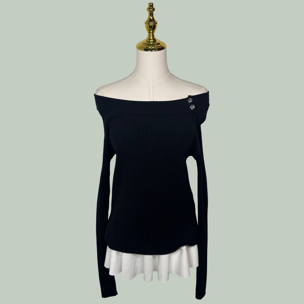 vintage silk josephine chaus black knit sweater offshoulder silver coquette chic